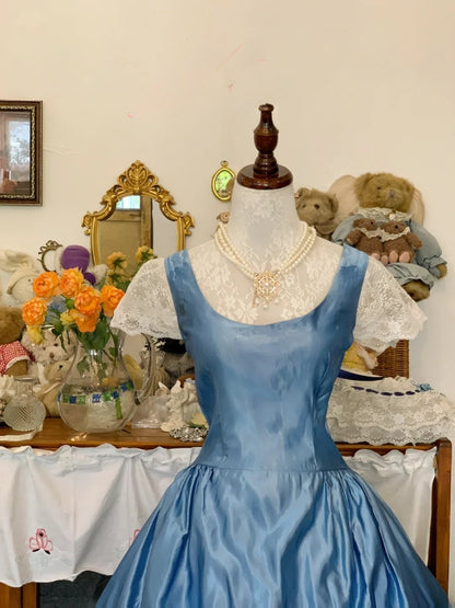 Sweet 16 Dress Satin Ballgown Square Neck Blue With Lace Sweet Sixteen Dress RB9681