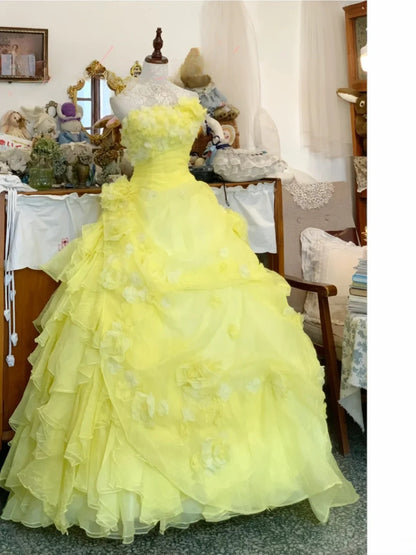 Sweet 16 Dress Ball Gown Strapless Yellow Tulle With Tiered Flowers Vestido De 15 Sweet Sixteen Dress RB9682
