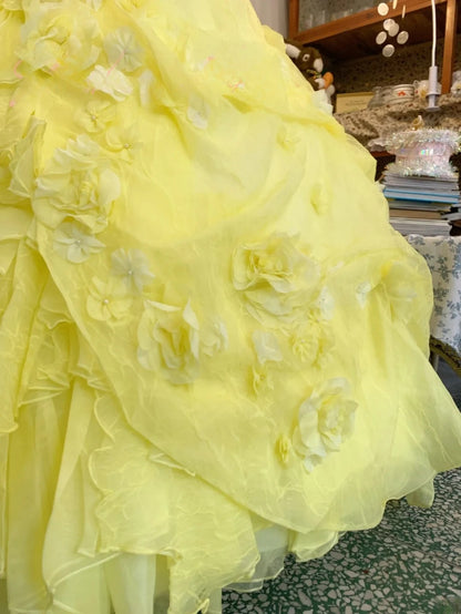Sweet 16 Dress Ball Gown Strapless Yellow Tulle With Tiered Flowers Vestido De 15 Sweet Sixteen Dress RB9682