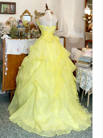 Sweet 16 Dress Ball Gown Strapless Yellow Tulle With Tiered Flowers Vestido De 15 Sweet Sixteen Dress RB9682