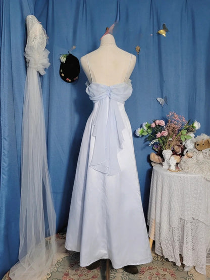 Elegant A Line Spaghetti Straps Light Sky Blue Chiffon Prom Dress Floor Length Evening Party Gown RB9688