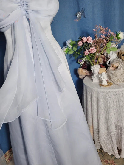 Elegant A Line Spaghetti Straps Light Sky Blue Chiffon Prom Dress Floor Length Evening Party Gown RB9688