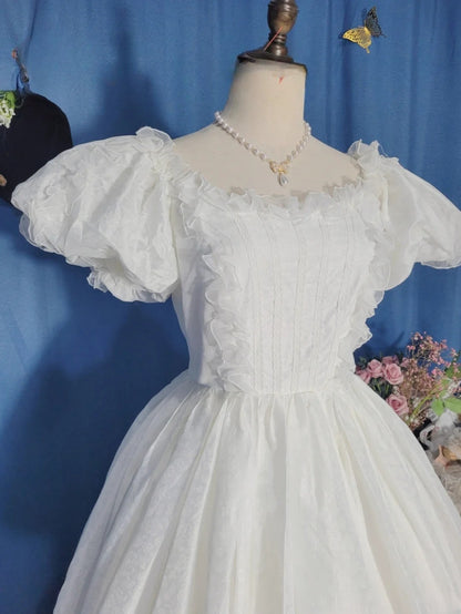 Vintage Wedding Dress Ball Gown Square With Puffy Sleeves White Bridal Gown for Big Day RB9689