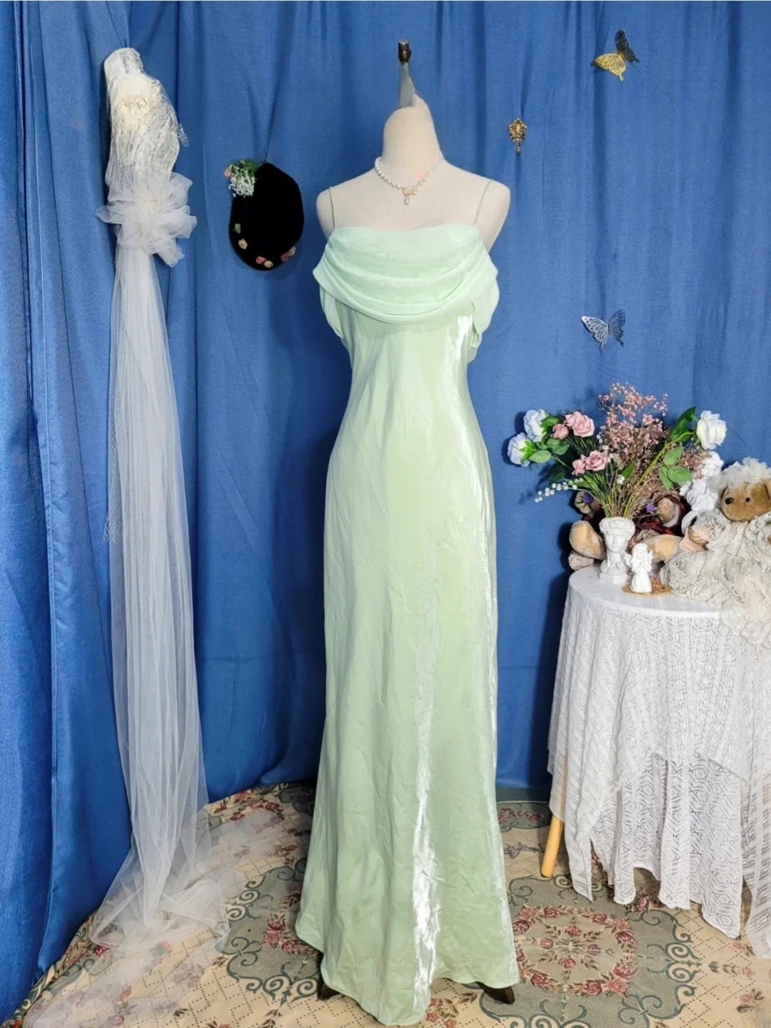 Elegant Mermaid Spaghetti Straps Mint Green Chiffon Prom Dress Floor Length Evening Party Gown RB9690