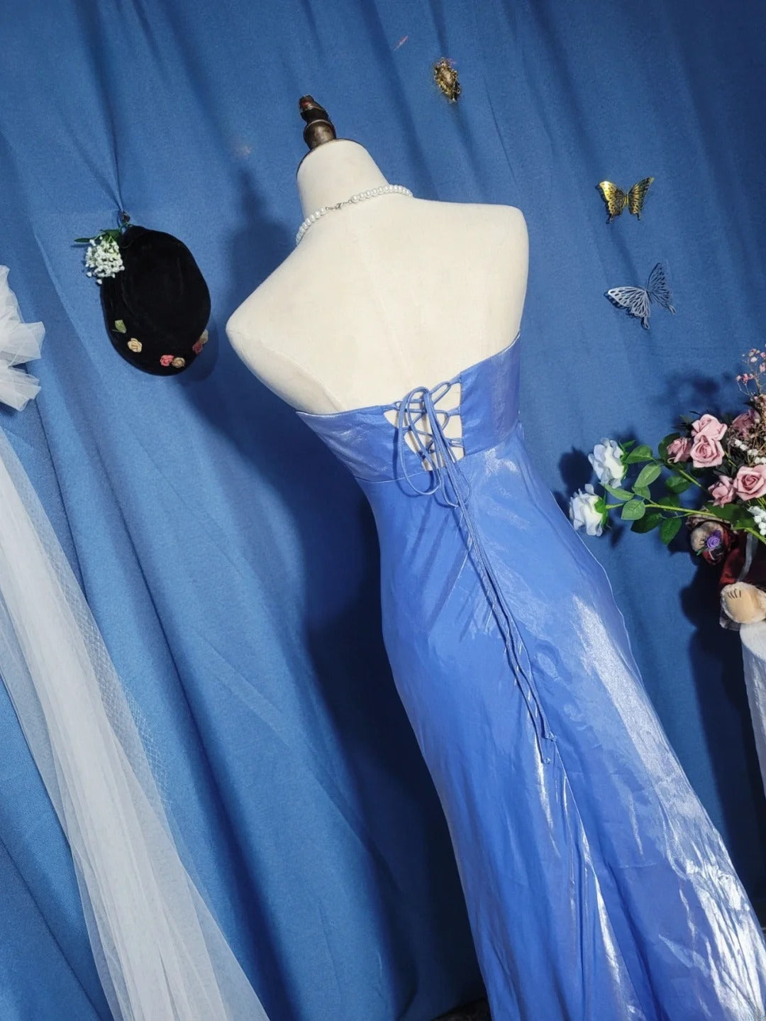 Elegant Mermaid Strapless Blue Satin Prom Dress Floor Length Evening Party Gown RB9692