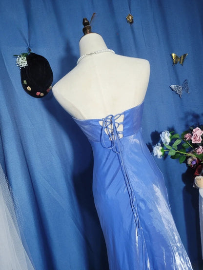 Elegant Mermaid Strapless Blue Satin Prom Dress Floor Length Evening Party Gown RB9692