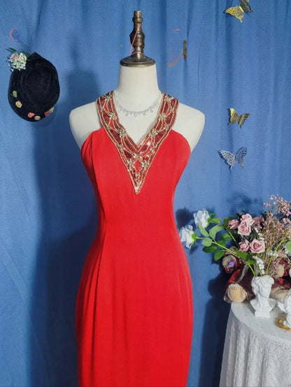 Elegant Mermaid Halter Red With Slit Satin Prom Dress Floor Length Evening Party Gown RB9695