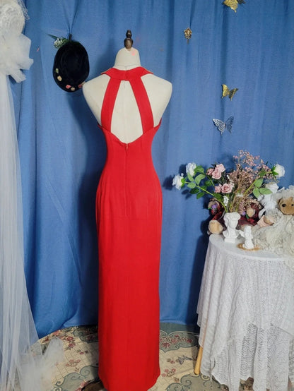 Elegant Mermaid Halter Red With Slit Satin Prom Dress Floor Length Evening Party Gown RB9695