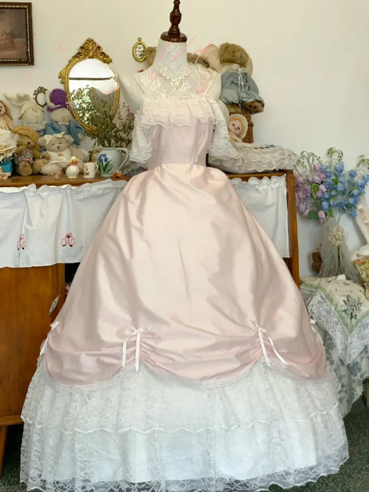 Sweet 16 Dress Satin Ballgown Spaghetti Straps Pink With White Lace Long Sweet Sixteen Dress RB9700