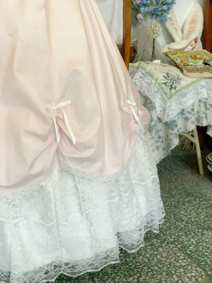 Sweet 16 Dress Satin Ballgown Spaghetti Straps Pink With White Lace Long Sweet Sixteen Dress RB9700