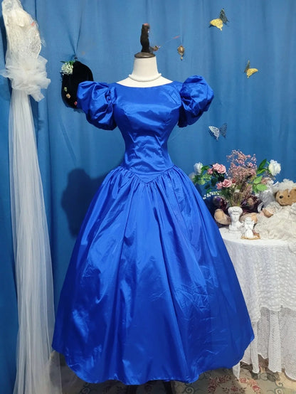 Elegant Ball Gown Scoop Royal Blue Satin Prom Dress Tea Length Evening Party Gown RB9701