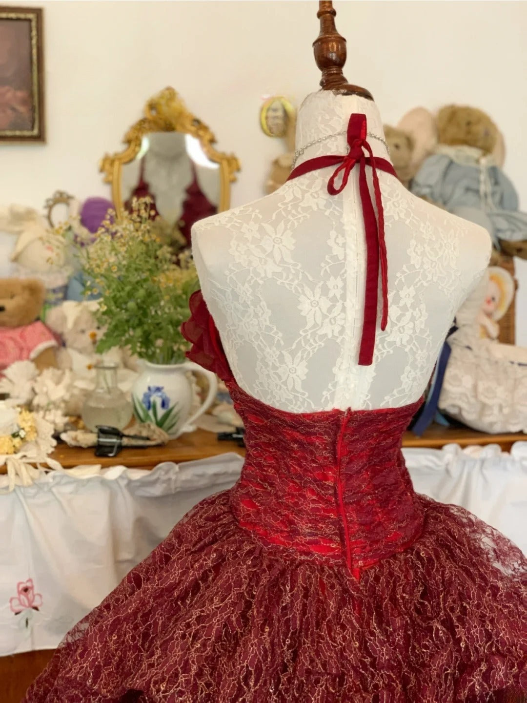 Sweet 16 Dress Lace Ballgown Halter Burgundy With Tiered Ruched Long Sweet Sixteen Dress RB9704