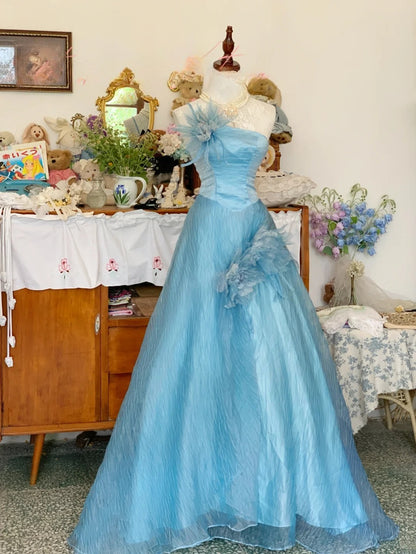 Blue Prom Dress Long Ball Gown One Shoulder With Flowers Romantic Evening Gown for Prom RB9710