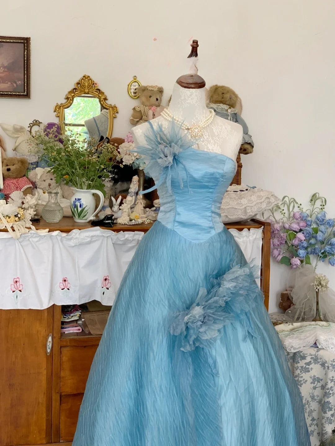 Blue Prom Dress Long Ball Gown One Shoulder With Flowers Romantic Evening Gown for Prom RB9710