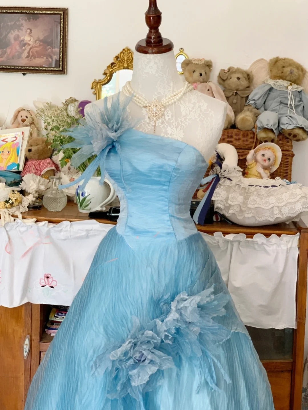 Blue Prom Dress Long Ball Gown One Shoulder With Flowers Romantic Evening Gown for Prom RB9710