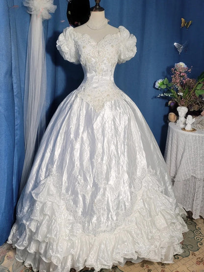Vintage Wedding Dress Ball Gown Sweetheart White With Puffy Sleeves Bridal Gown for Big Day RB9718