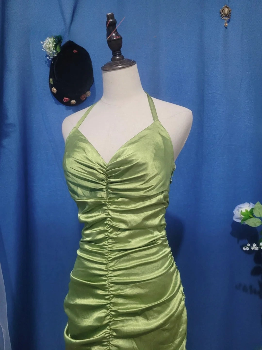Sage Green Prom Dress Long Mermaid Halter Satin Romantic Evening Gown for Prom RB9720