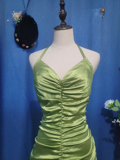 Sage Green Prom Dress Long Mermaid Halter Satin Romantic Evening Gown for Prom RB9720