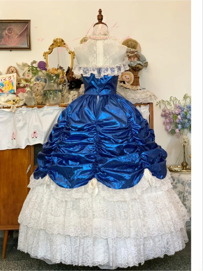 Sweet 16 Dress Satin Ballgown Royal Blue White Lace With Ruched Satin Sweet Sixteen Dress RB9721