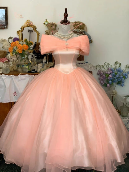 Sweet 16 Dress Blush Pink Ballgown Off Shoulder Tulle With Sleeves Sweet Sixteen Dress RB9723