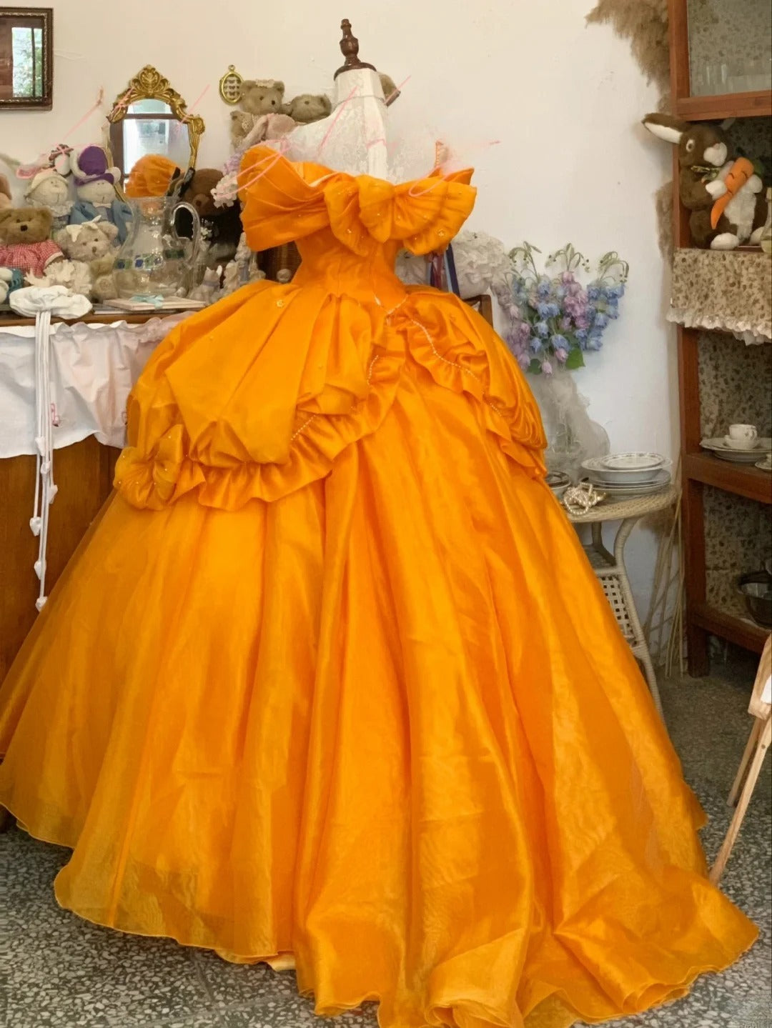 Sweet 16 Dress Ball Gown Spaghetti Straps Orange Satin With Ruched Ruffled Vestido De 15 Sweet Sixteen Dress RB9724