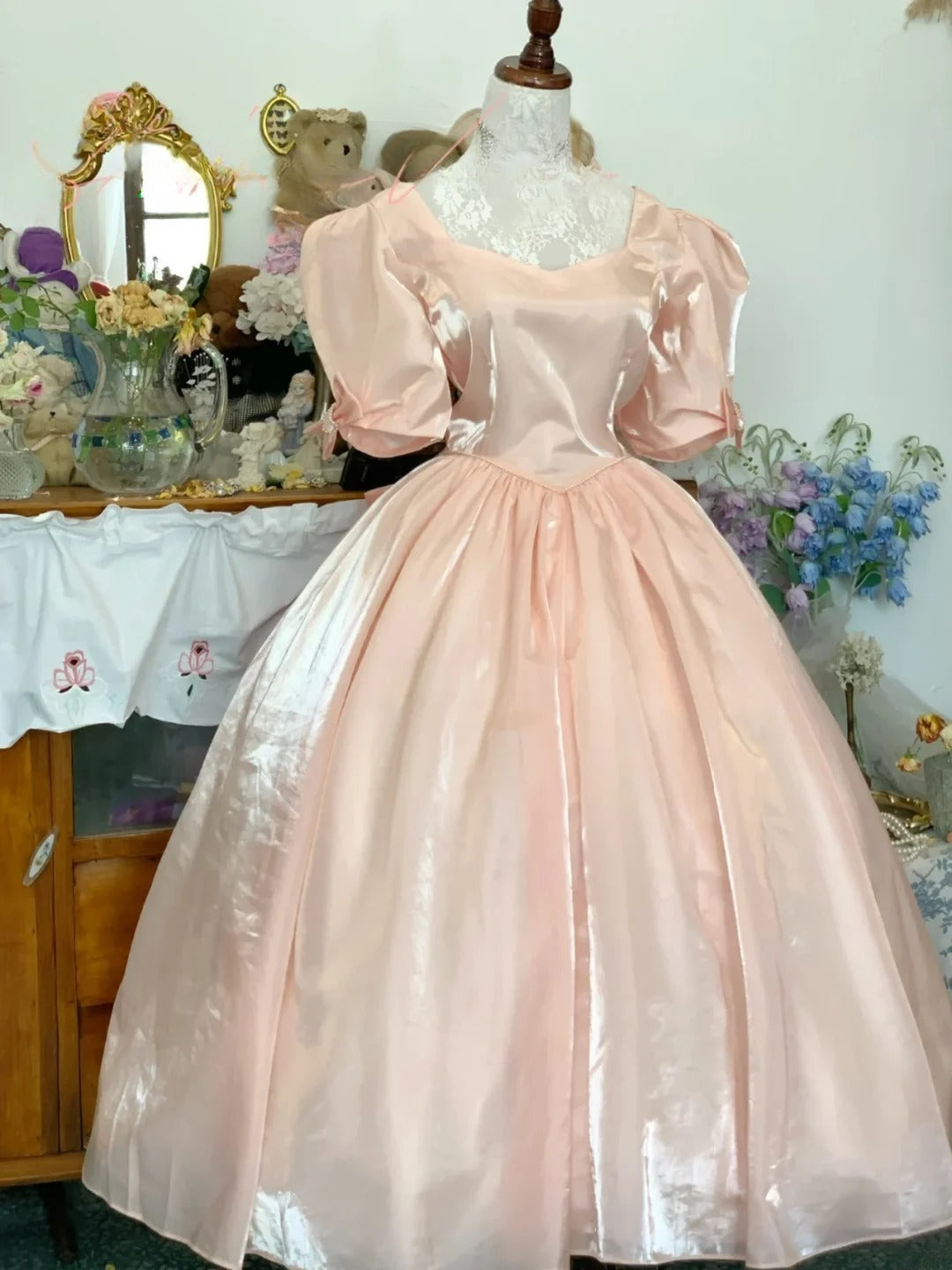 Sweet 16 Dress Ball Gown Blush Pink Satin With Ruched Ruffled Puffy Sleeves Vestido De 15 Sweet Sixteen Dress RB9726
