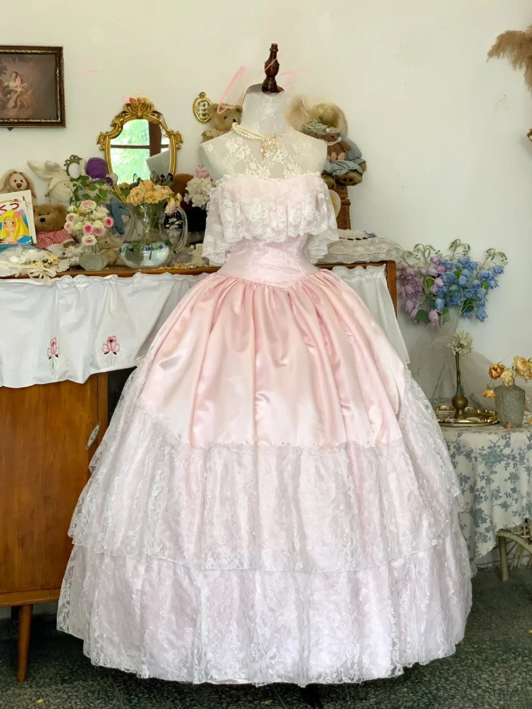Sweet 16 Dress Ball Gown Pink Lace With High Neck Ruffled Sleeves Vestido De 15 Sweet Sixteen Dress RB9727