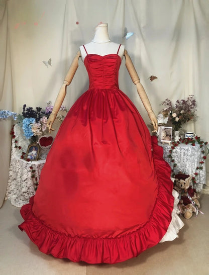 Sweet 16 Dress Red Ball Gown Spaghetti Straps Satin With Tiered Sweet Sixteen Dress RB9728