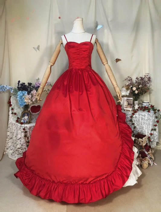 Sweet 16 Dress Red Ball Gown Spaghetti Straps Satin With Tiered Sweet Sixteen Dress RB9728