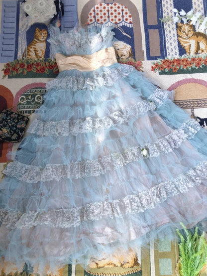 Vintage Hoco Dress Ball Gown Strapless Blue Lace Knee Length Homecoming Party Dresses RB9730
