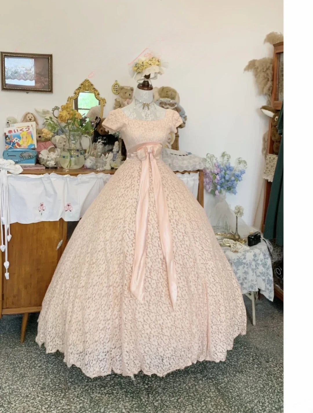 Sweet 16 Dress Pink Ball Gown Square Neck Bow-knot With Sleeves Sweet Sixteen Dress RB9733
