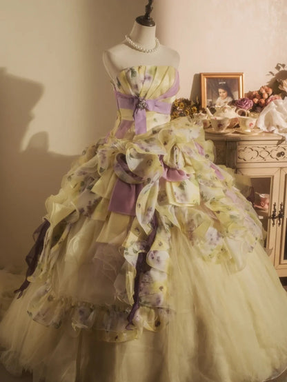 Sweet 16 Dress Ball Gown Strapless Yellow Floral With Tiered Layers Vestido De 15 Sweet Sixteen Dress RB9738