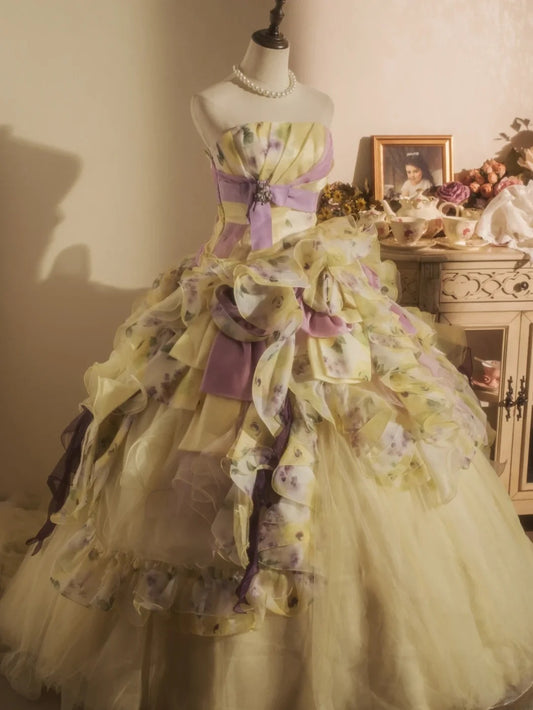 Sweet 16 Dress Ball Gown Strapless Yellow Floral With Tiered Layers Vestido De 15 Sweet Sixteen Dress RB9738