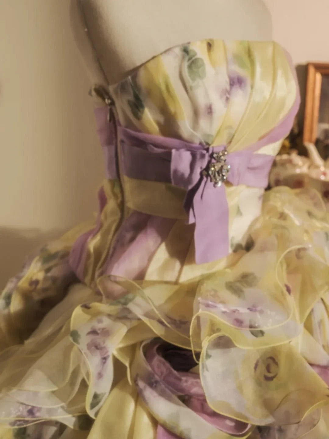 Sweet 16 Dress Ball Gown Strapless Yellow Floral With Tiered Layers Vestido De 15 Sweet Sixteen Dress RB9738