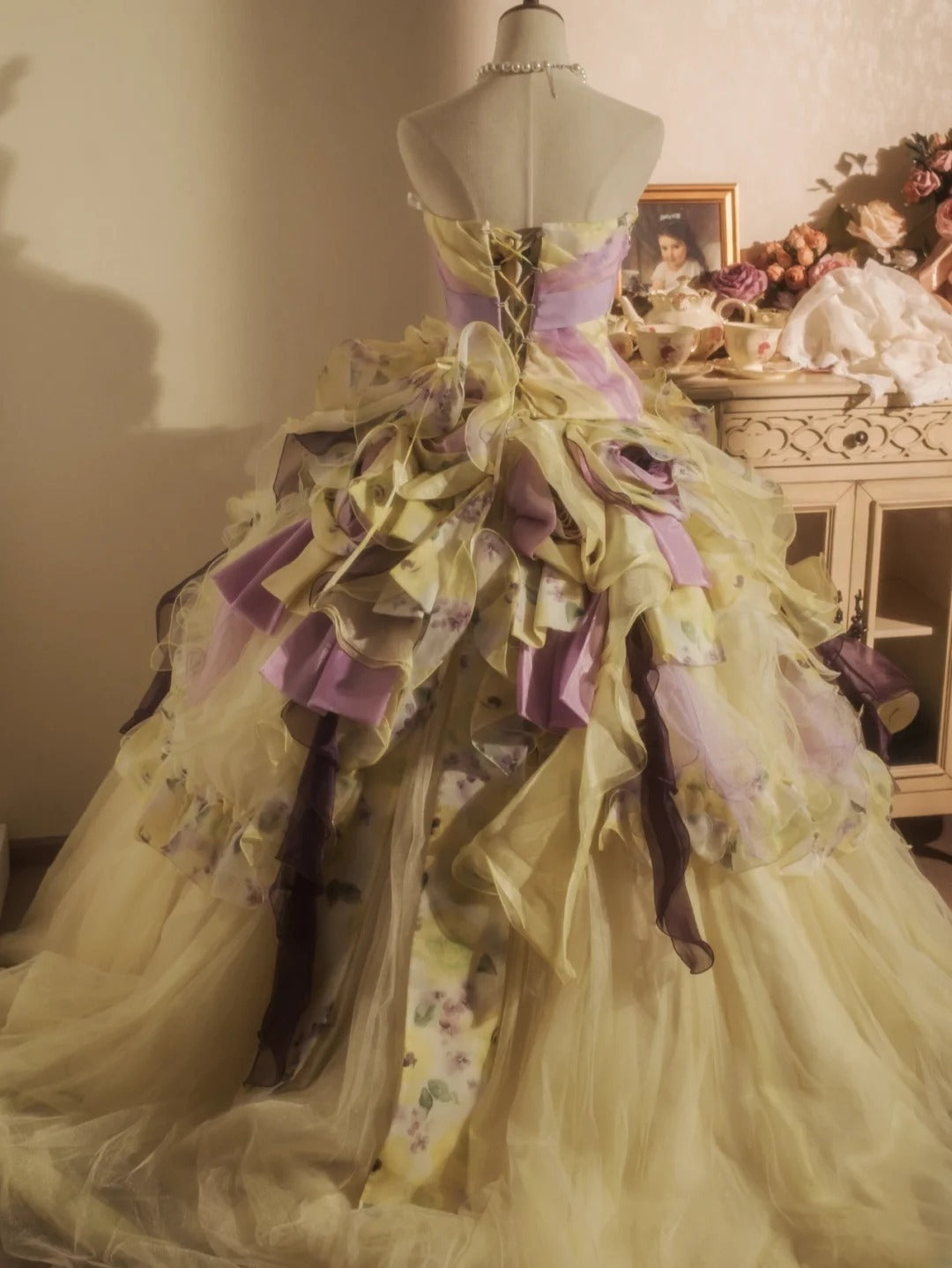 Sweet 16 Dress Ball Gown Strapless Yellow Floral With Tiered Layers Vestido De 15 Sweet Sixteen Dress RB9738