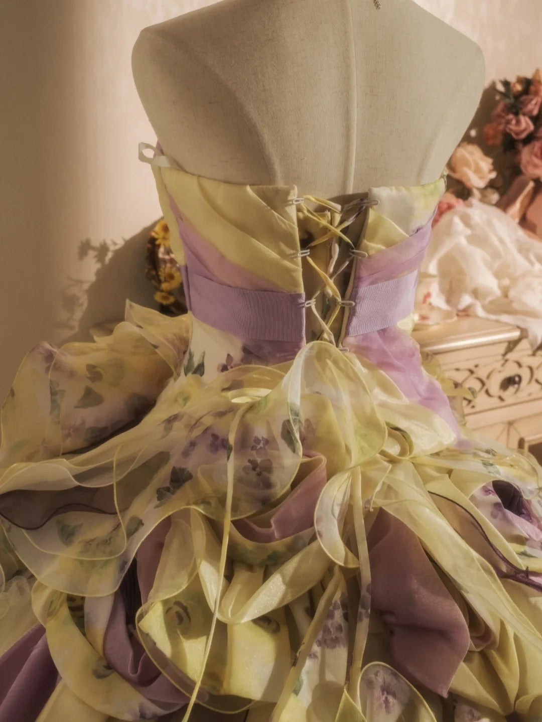Sweet 16 Dress Ball Gown Strapless Yellow Floral With Tiered Layers Vestido De 15 Sweet Sixteen Dress RB9738