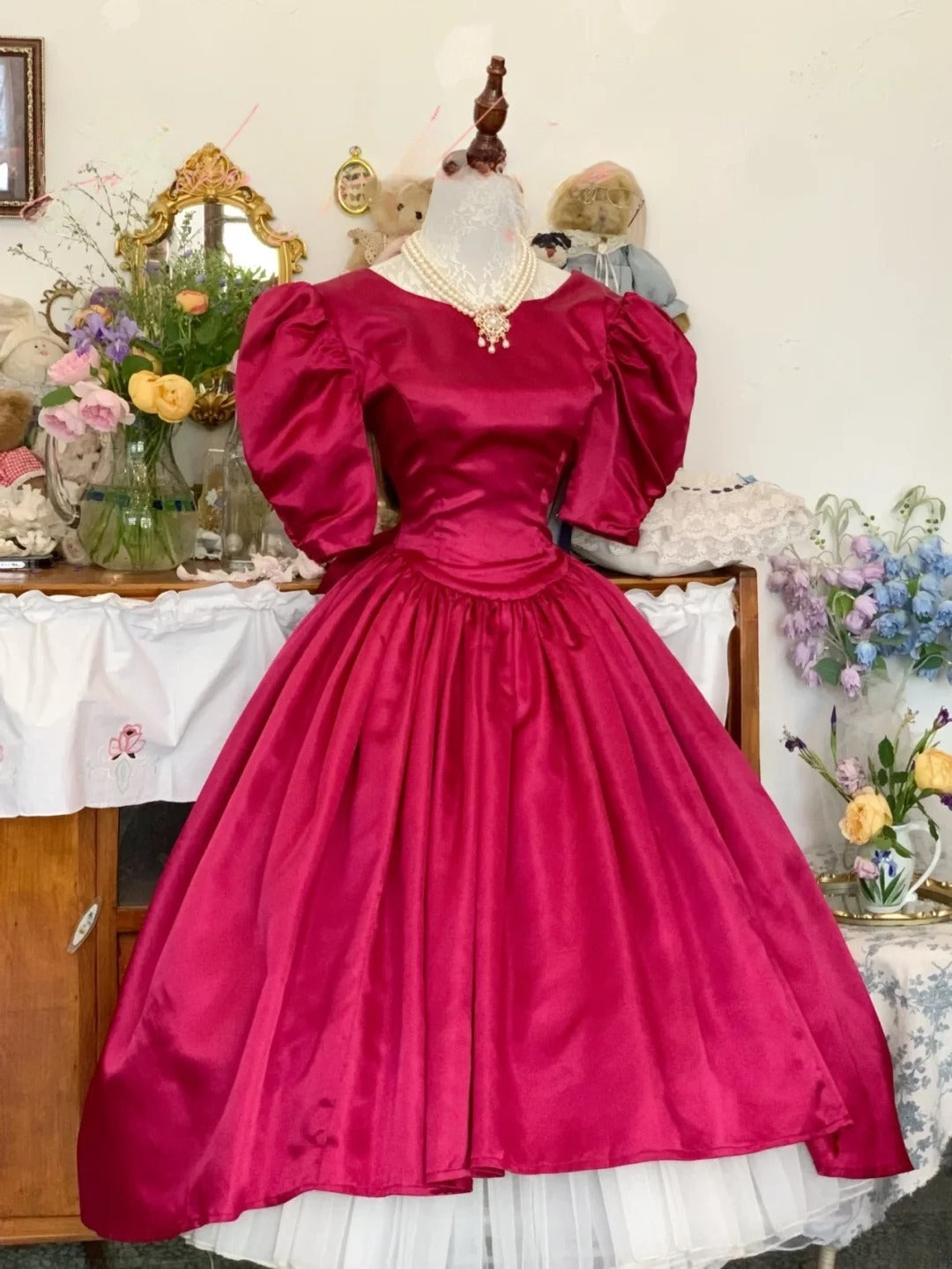 Hot Pink Prom Dress Ball Gown Tea Length Satin Romantic Evening Gown for Prom RB9739