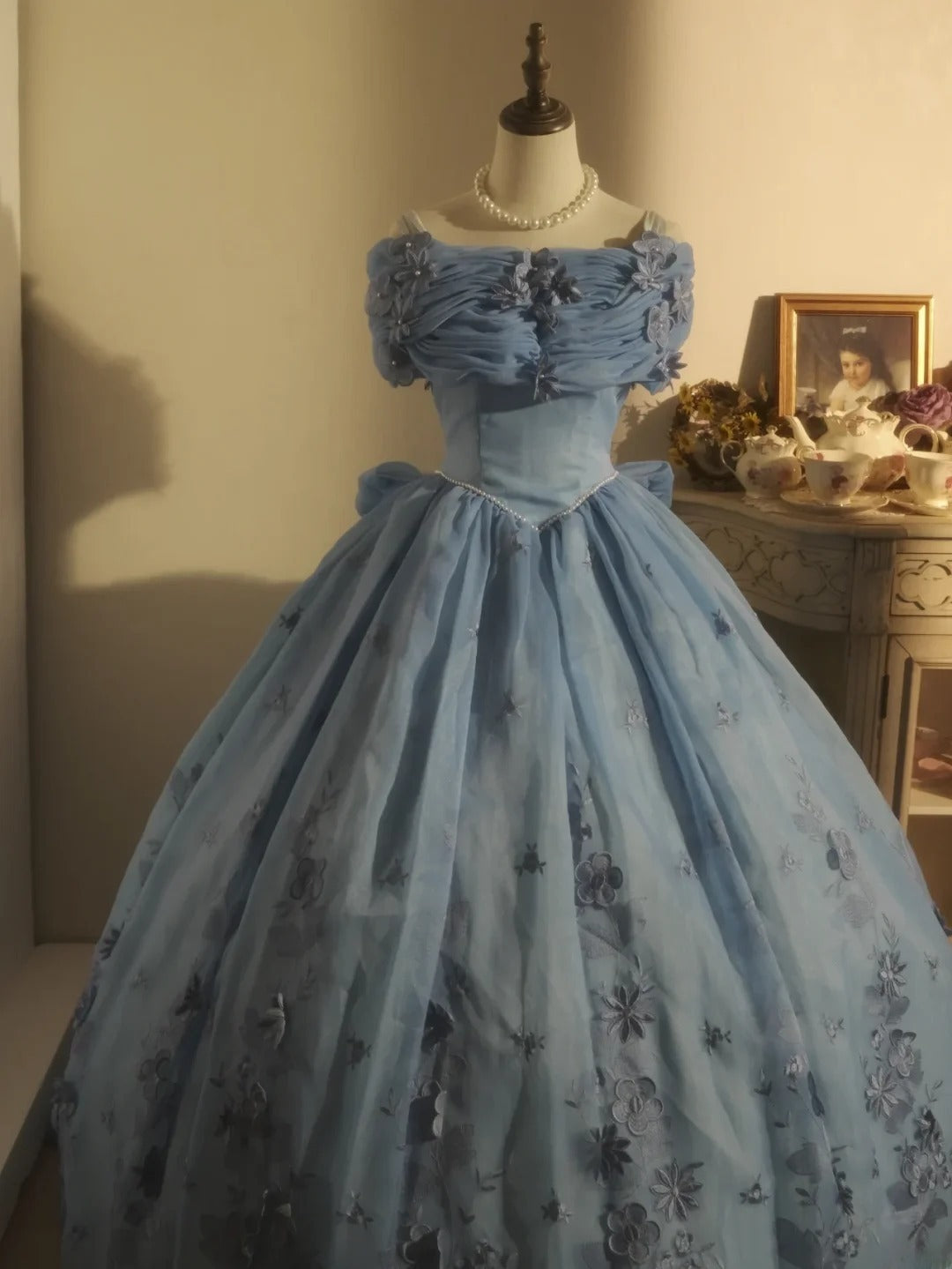Sweet 16 Dress Ball Gown Off Shoulder Dusty Blue Floral With 3D Flowers Vestido De 15 Sweet Sixteen Dress RB9744