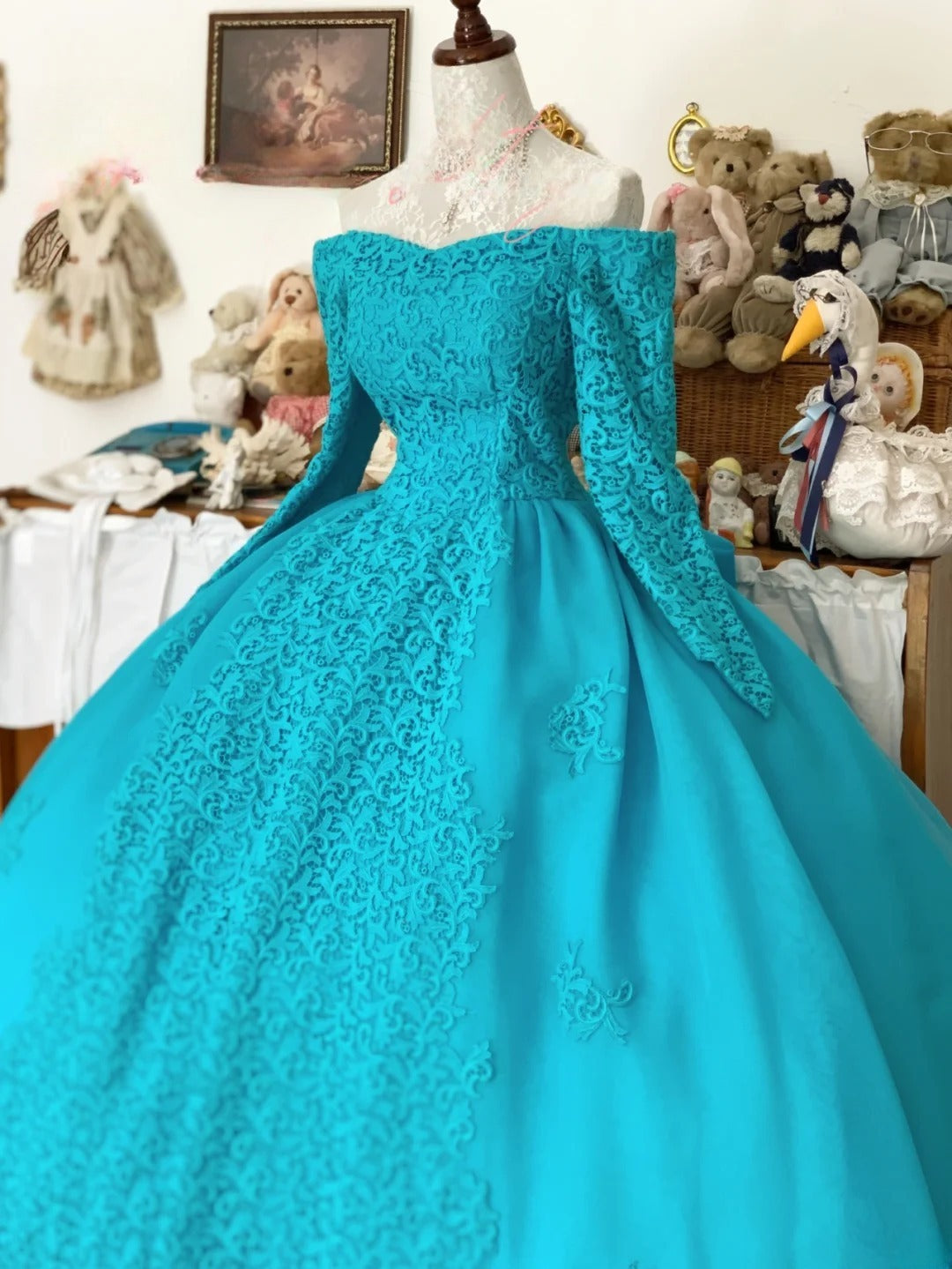 Sweet 16 Dress Ball Gown Off Shoulder Blue Lace With Long Sleeves Vestido De 15 Sweet Sixteen Dress RB9750