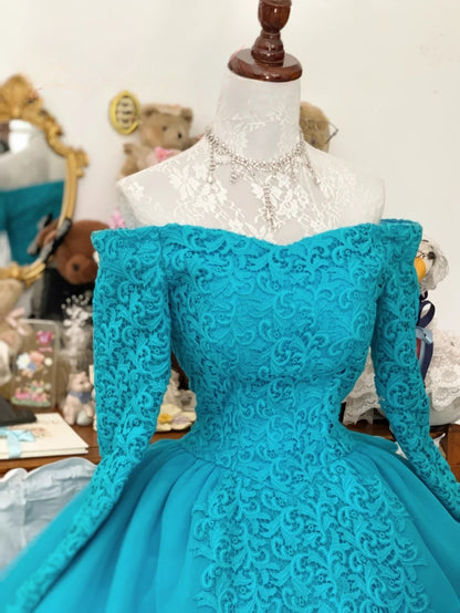 Sweet 16 Dress Ball Gown Off Shoulder Blue Lace With Long Sleeves Vestido De 15 Sweet Sixteen Dress RB9750