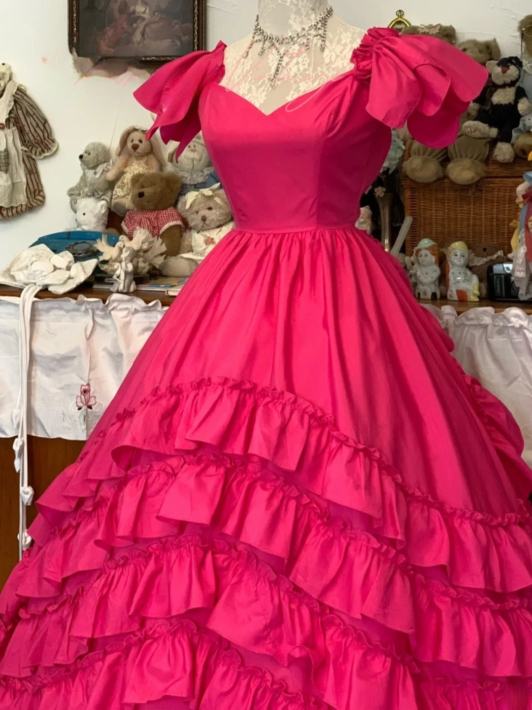 Sweet 16 Dress Hot Pink Ball Gown V Neck With Tiered Layers Sweet Sixteen Dress RB9751