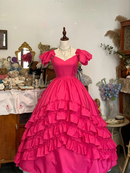 Sweet 16 Dress Hot Pink Ball Gown V Neck With Tiered Layers Sweet Sixteen Dress RB9751