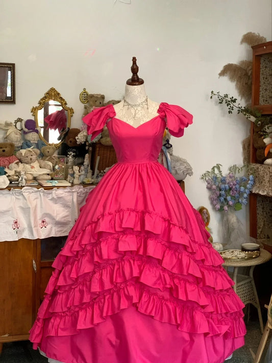 Sweet 16 Dress Hot Pink Ball Gown V Neck With Tiered Layers Sweet Sixteen Dress RB9751