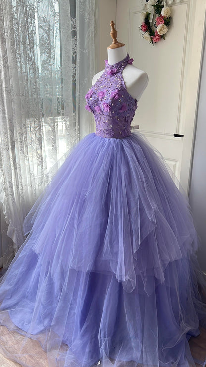 Sweet 16 Quinceanera Kleid Ballkleid hochgeschlossener Tüll Flieder mit Blumen Geburtstagsparty Kleid RC0861