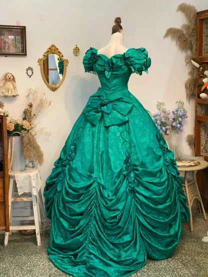 Sweet 16 Dress Green Ball Gown With Short Sleeves Satin Beading Sweet Sixteen Dress RB9761