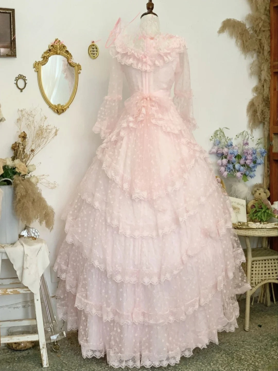 Sweet 16 Dress Ball Gown High Neck Pink Lace With Sleeves Vestido De 15 Sweet Sixteen Dress RB9764