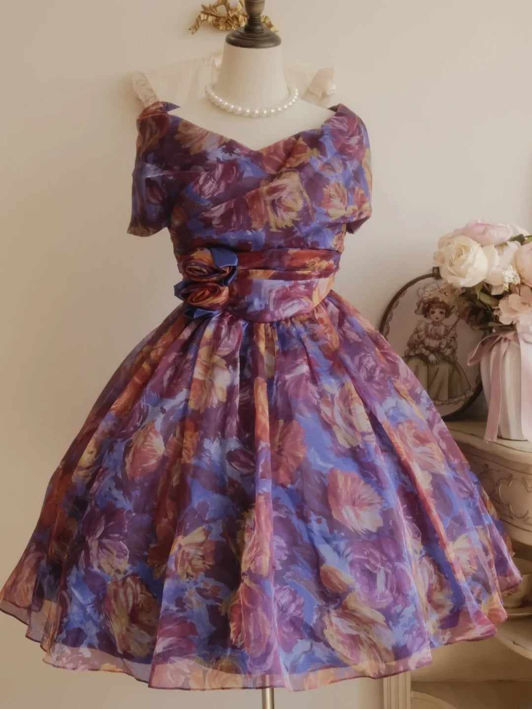Vintage Hoco Dress Ball Gown Off Shoulder Floral Short Length Homecoming Party Dresses RB9766