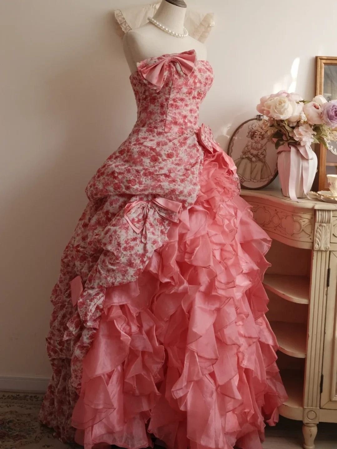 Sweet 16 Dress Ball Gown Strapless Pink Floral With Tiered Vestido De 15 Sweet Sixteen Dress RB9768