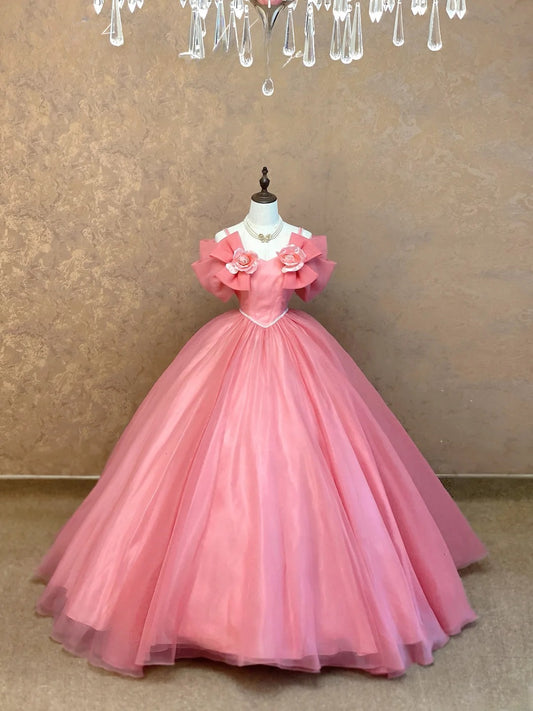 Sweet 16 Dress Ball Gown Spaghetti Straps With Flowers Pink Sweet Sixteen Dress RB9783