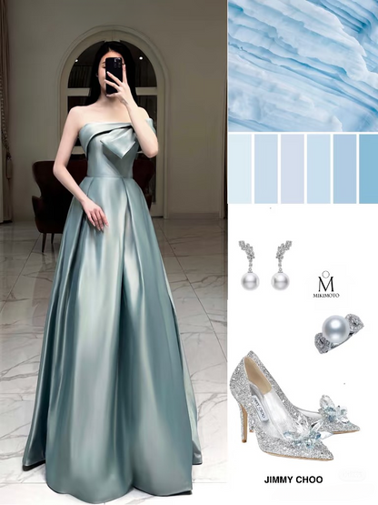 Elegant A Line Strapless Sleeveless Light Blue Satin Floor Length Prom Dress Inspiration Prom Dresses Graduation Dress AU001